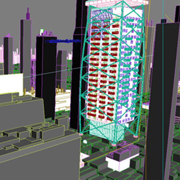 Città futuristica 3D, wireframe e lavorazione